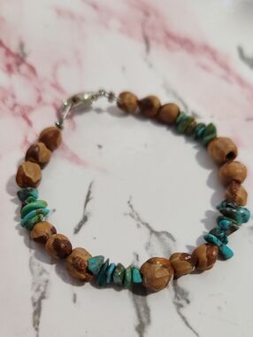 Boho Turquoise Chip & Wood Bead Bracelet - Blue & Brown